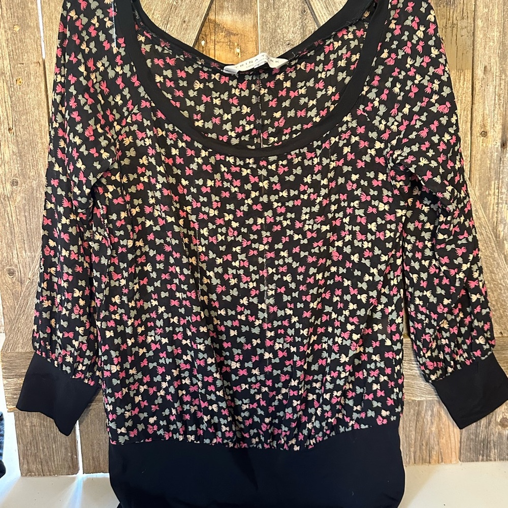 Trina Turk Black Top with Pink and Cream Bow Design